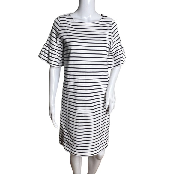 Joules Sienna Fluted Sleeve Dress Cream Navy Blue Striped Nautical Round Neck - Picture 1 of 8